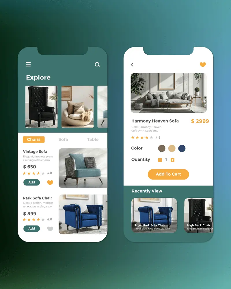 Mobile app interface for a furniture store featuring search bar, product listings with prices, and a featured product ‘Harmony Heaven Sofa’ priced at $2999.