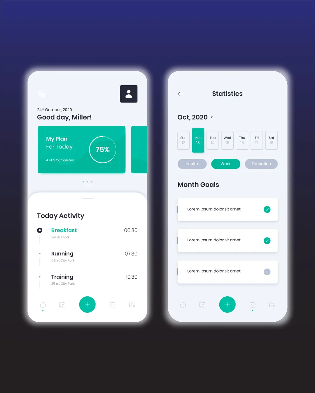 Mobile app interface for personal productivity showing daily progress, activity feed, and monthly statistics with bar graph.