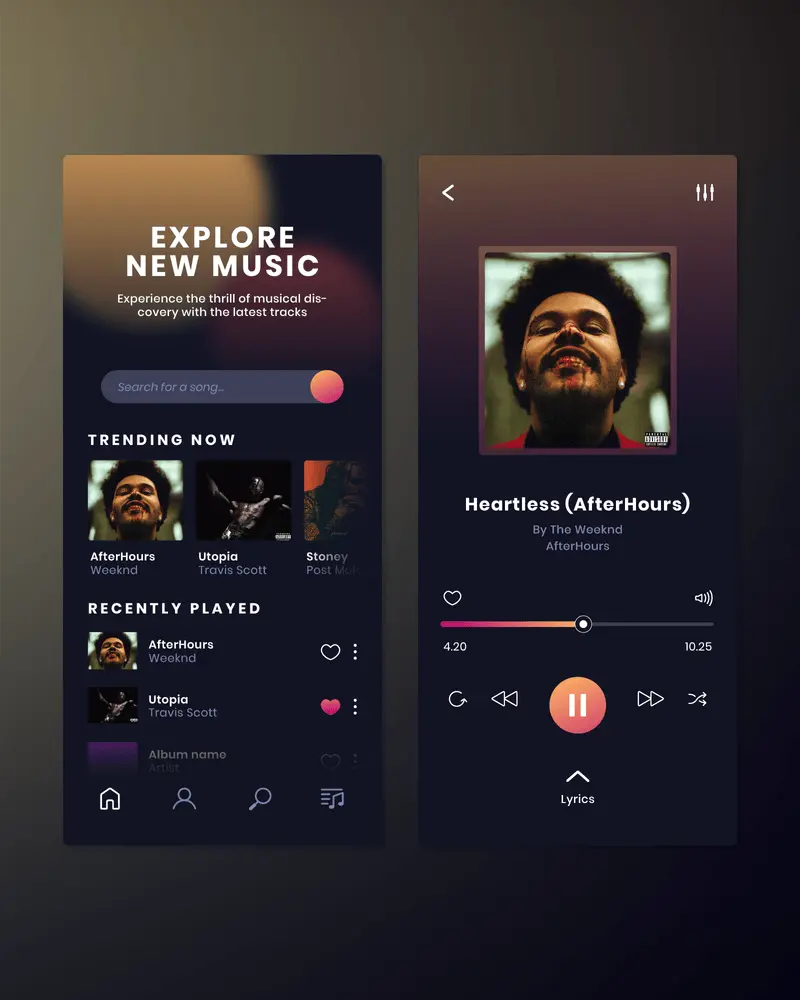 Music streaming app interface showing ‘Explore New Music’ section with trending tracks and currently playing song ‘Heartless by The Weeknd’ with playback controls.