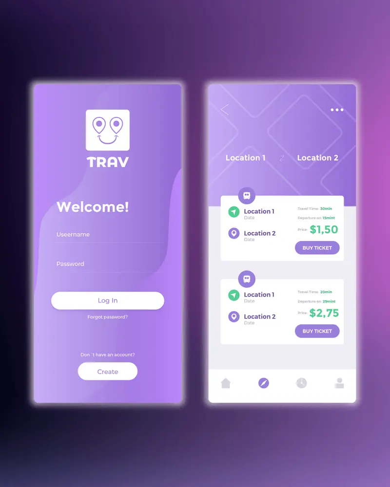 Mobile app interface for TRAV travel service showing login screen and ticket booking options with purple geometric design.