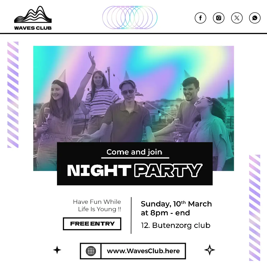 Promotional flyer for Waves Club’s Night Party featuring three pixelated faces against a vibrant party backdrop, with event details for free entry on Sunday, 10th March from 8 pm at Butenzorg club, including website URL.