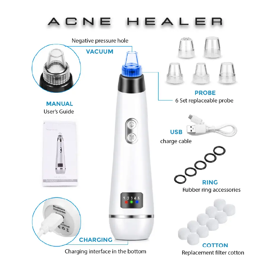 ACNE HEALER handheld electronic device for skincare with digital display, six replaceable probe heads, USB charge cable, rubber rings, and replacement filter cotton.