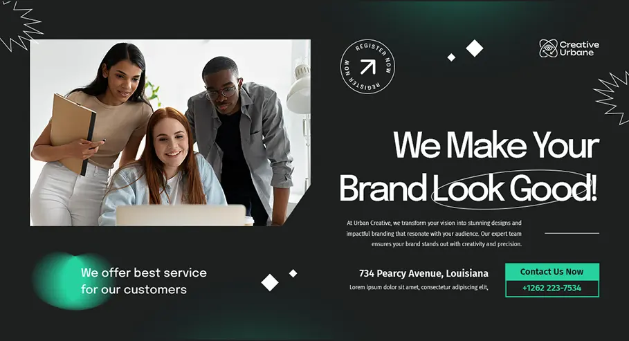 Creative Urbane digital advertisement featuring three individuals with geometric shapes obscuring their faces, promoting branding and design services with the tagline ‘We Make Your Brand Look Good!’ and contact information.