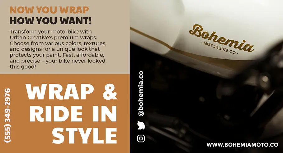 Advertisement for Urban Creative’s premium motorcycle wraps, featuring a black and gold wrapped motorcycle with the text ‘WRAP & RIDE IN STYLE’ and contact information for @bohemiamoto.co.