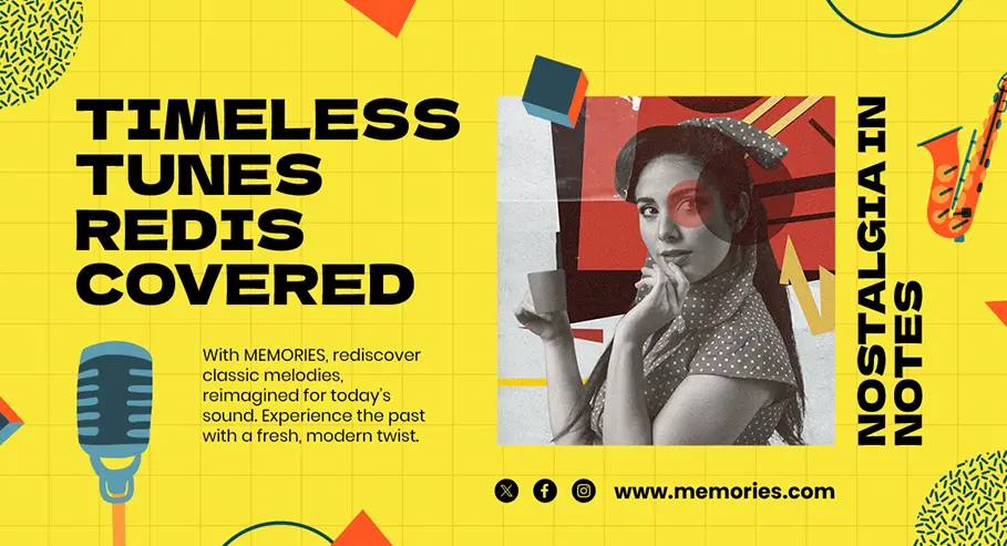 Advertisement for rediscovering timeless tunes with a pixelated face, promoting ‘Nostalgia in Notes’ and classic melodies reimagined for today’s sound at memories.com.