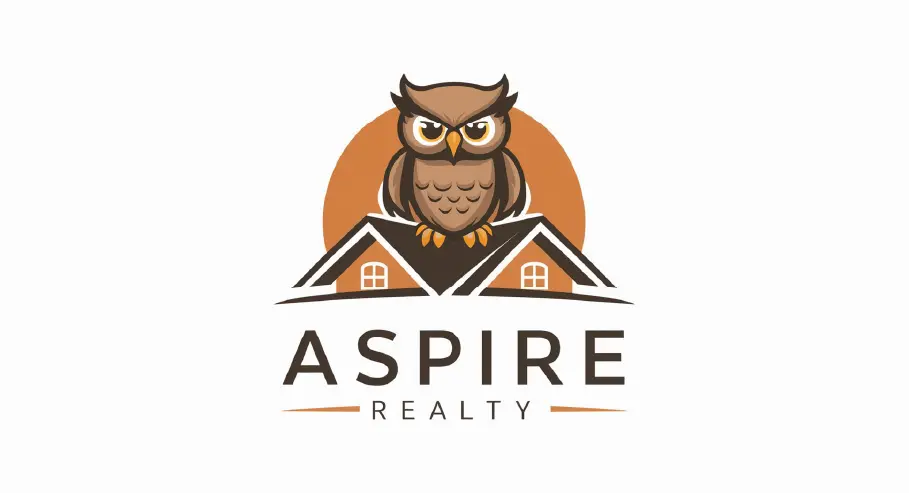 Aspire Realty logo featuring a stylized owl perched above two houses with their roofs touching, with the text ‘ASPIRE REALTY’ in bold letters on a soft orange background.