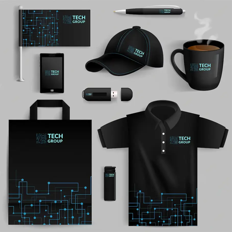 Collection of branded merchandise for TECH GROUP including a notebook, cap, pen, mug, smartphone, USB flash drive, tote bag, polo shirt, and tumbler, all featuring a black and blue circuit-like design with the TECH GROUP logo