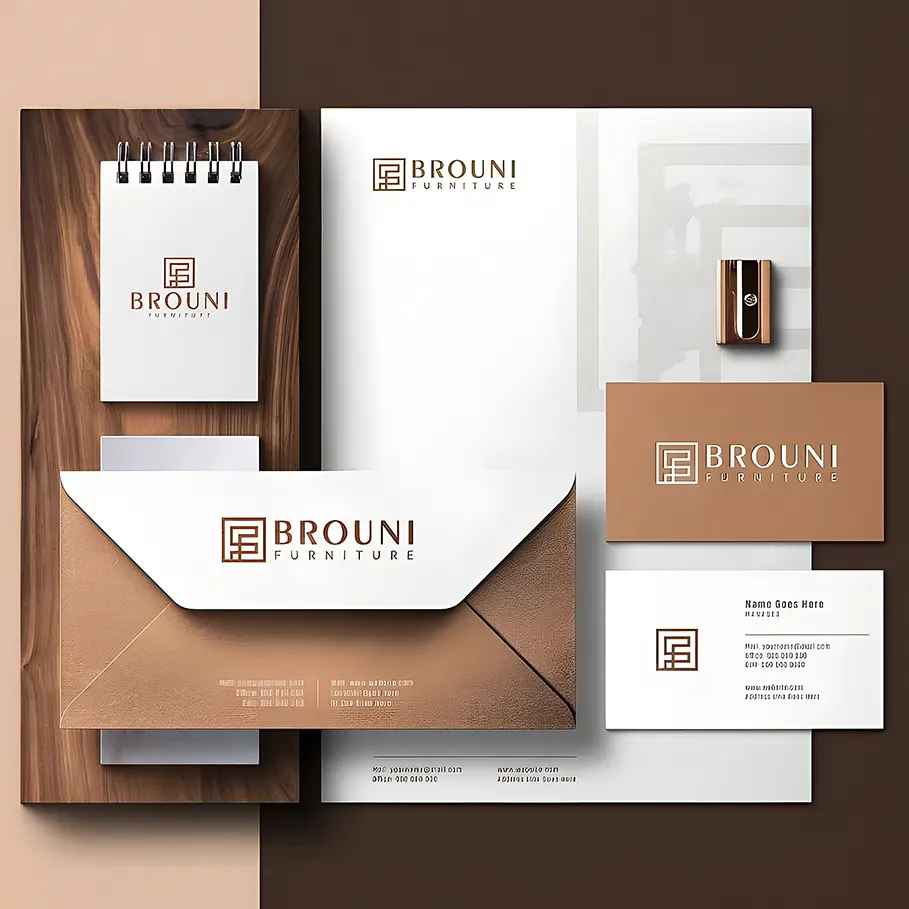 Branded stationery set for BROUNI FURNITURE including a notepad, envelope, business cards, and letterhead, all featuring the company’s logo and name, laid out on a wooden surface.