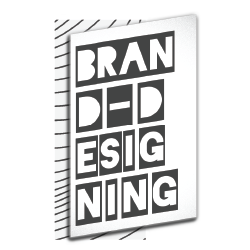 Graphic design of a notebook with the words ‘BRANDED DESIGNING’ in bold, blocky font on the cover, arranged in a grid pattern, suggesting branding in design.