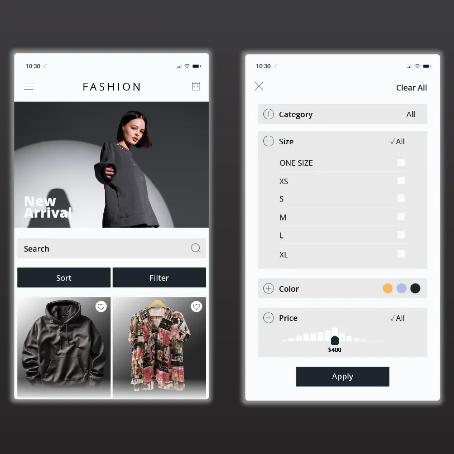 Two smartphone screens displaying a shopping app interface with options to search, sort, and filter fashion items, showcasing new arrivals and filtering by category, size, color, and price.