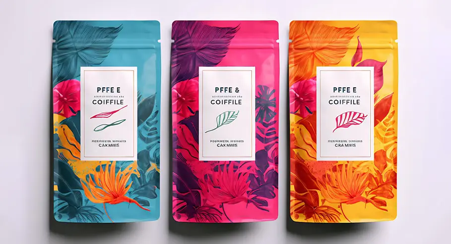 Three colorful coffee packaging bags with floral designs