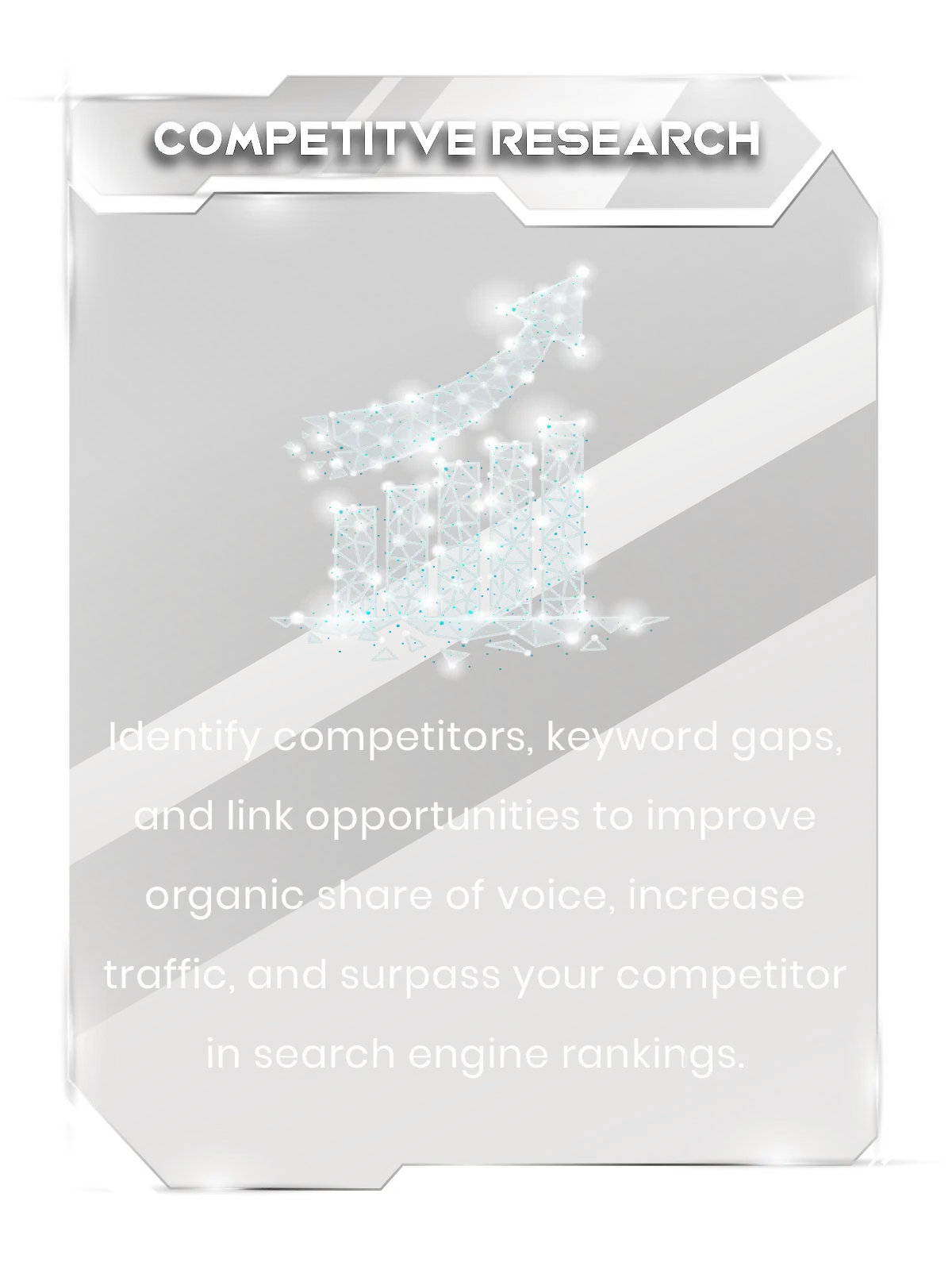 Plaque for ‘COMPETITIVE RESEARCH’ with bar graph and upward arrow, highlighting strategies for identifying competitors, keyword gaps, and link opportunities to improve search engine rankings.