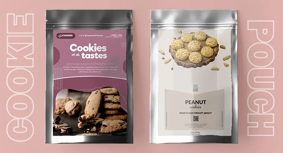 Two product packages: a purple ‘Cookies & tastes’ package with chocolate chip cookies on the left, and a silver ‘PEANUT COOKIES’ package with peanut cookies on the right.