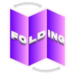 Graphic image of a purple book with the word ‘FOLDING’ in bold, white 3D letters on the cover, partially open with two curved arrows around it, suggesting motion or transformation, on a black background.