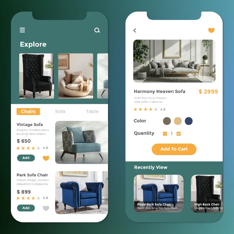 Mobile app interface for a furniture store featuring categories like ‘Chairs,’ ‘Vintage Sofa,’ and ‘Park Sofa Chair’ on a dark green background, and a product display for ‘Harmony Heaven Sofa’ with price, color options, quantity selector, and ‘Add to Cart’ button on an off-white background.