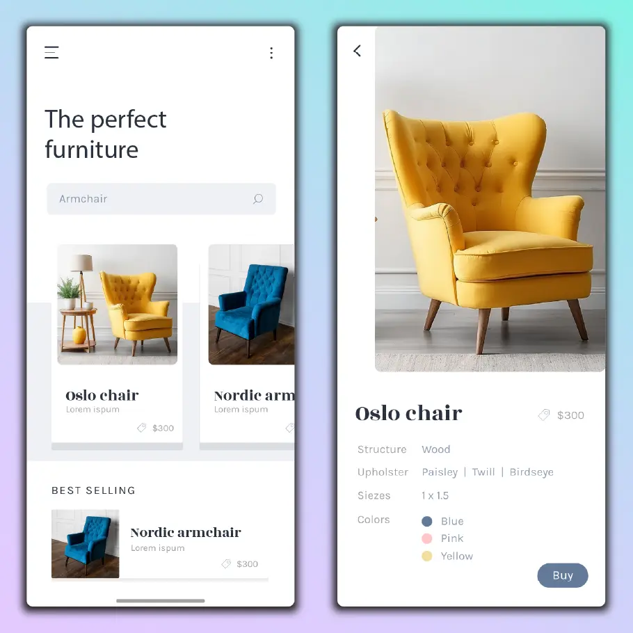 Mobile furniture store app interface showcasing best-selling armchairs, including a yellow Oslo chair and a blue Nordic armchair, with detailed specifications and pricing.