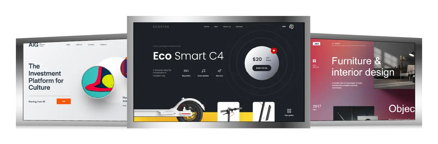 Collage of three web design interfaces on monitors, showcasing themes of investment, eco-technology, and furniture design.