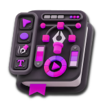 Illustration of a digital graphics design interface with tools like a pen nib, color palettes, and text, primarily in black and purple colors.