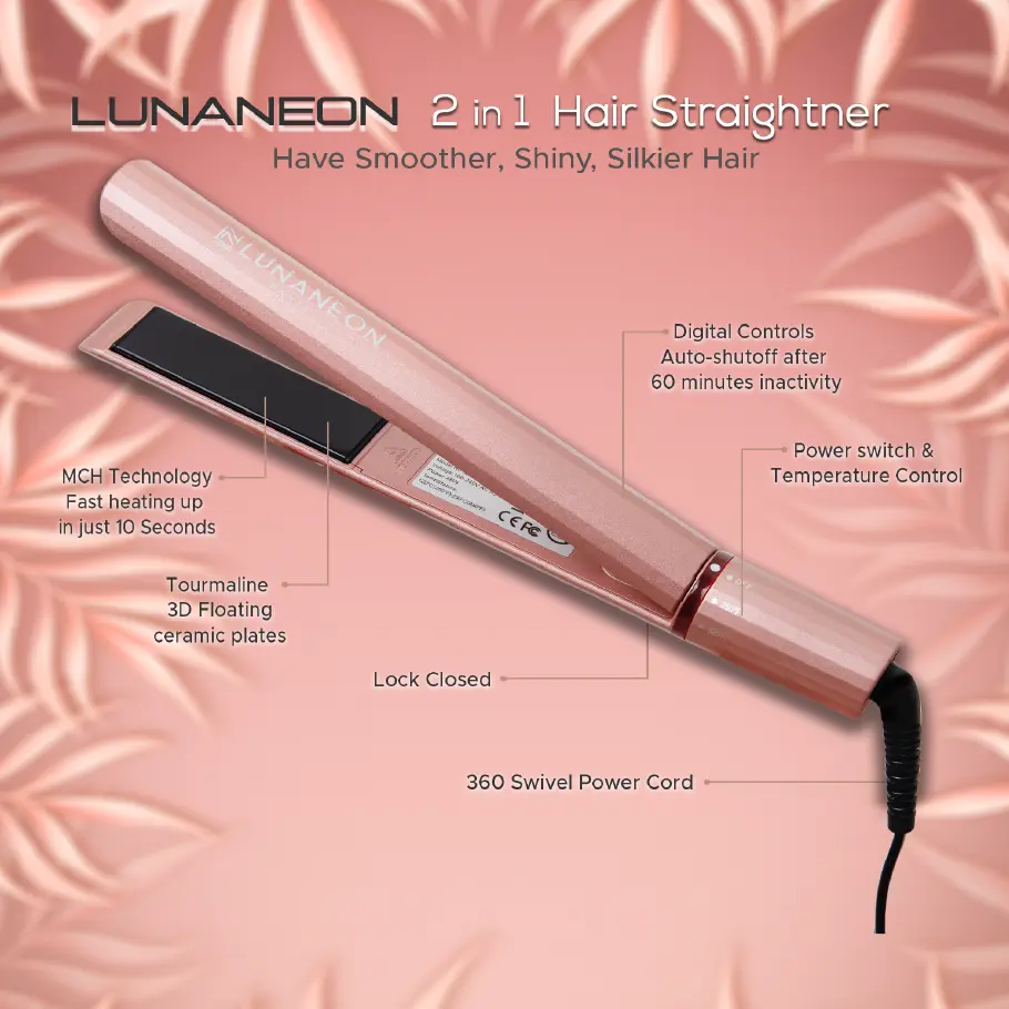 Hair straightener branded ‘LUNANEON’ on a pink background, highlighting features such as digital controls, auto shut-off, temperature control, MCH technology, 3D Tourmaline ceramic plates, lock closed feature, and 360 swivel power cord.