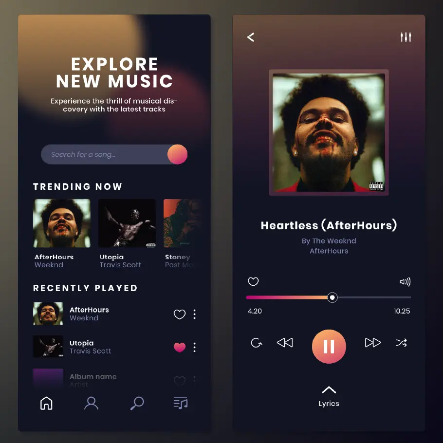 User interface of a music streaming application featuring navigation options like ‘Explore New Music’ and ‘Trending Now,’ with an album cover for ‘Heartless (AfterHours)’ by The Weeknd and playback controls.