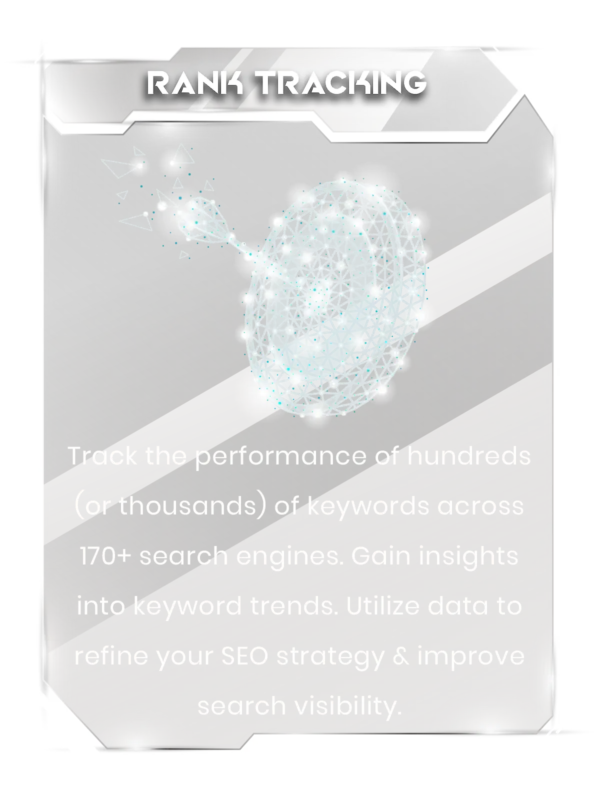 Graphic for ‘RANK TRACKING’ with wireframe globe and arrows, highlighting keyword performance tracking across 170+ search engines, keyword trends, and SEO strategy refinement.