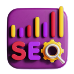 SEO application icon with bold letters ‘SEO’ and a magnifying glass integrated into the ‘O’, set against a purple background with vertical bars resembling a bar chart.