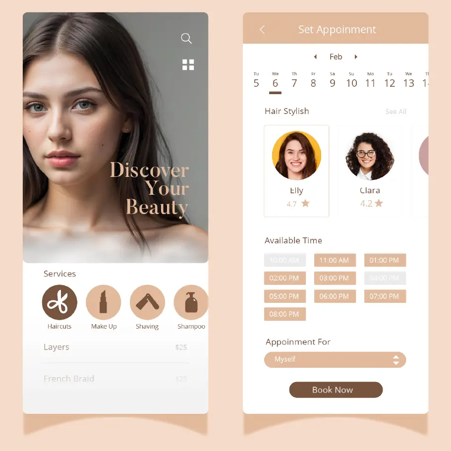 Mobile beauty salon app interface displaying service icons and appointment booking calendar with available time slots.