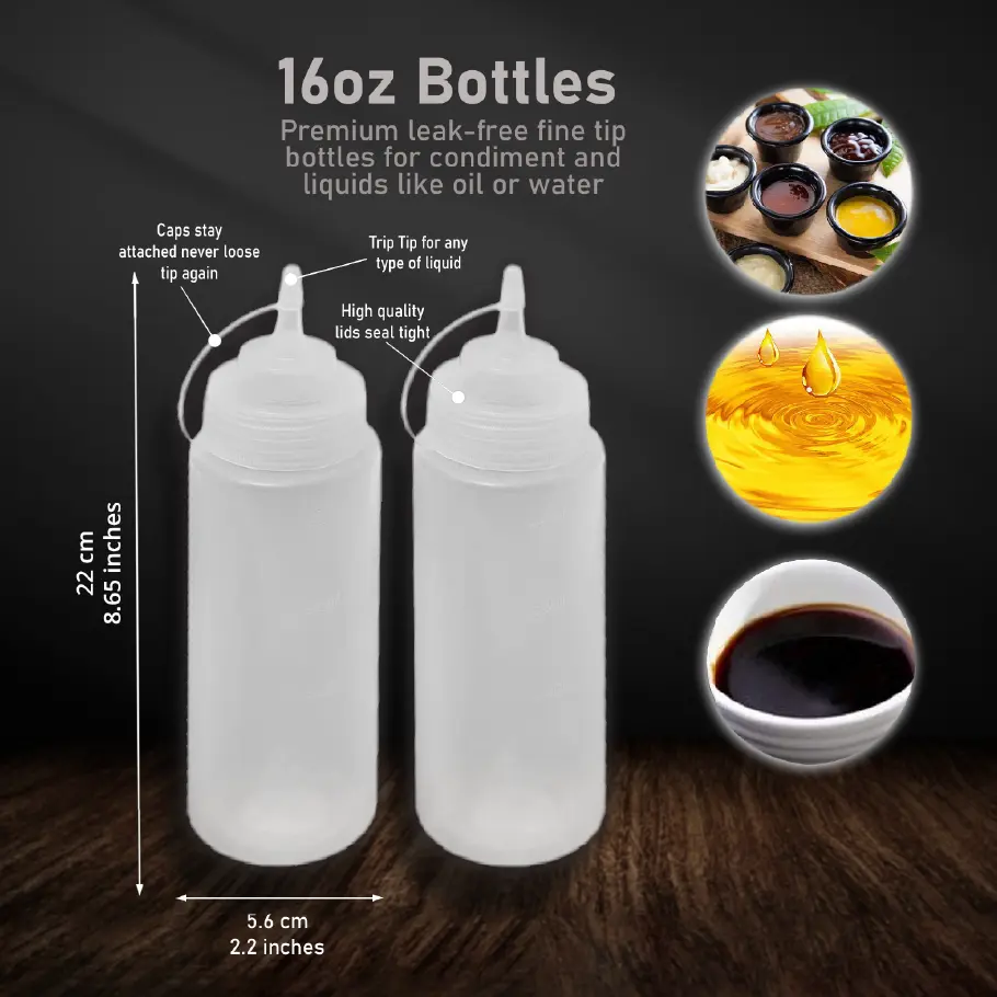 Two 16oz squeeze bottles with premium leak-free fine tips for dispensing liquids like oil or water, one with cap attached by a strap, and the other with cap off, showing the fine tip.