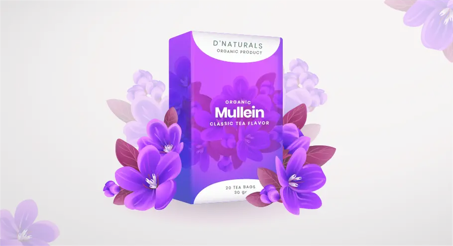 NATURALS ORGANIC PRODUCT packaging for Organic Mullein Classic Tea Flavor, featuring a purple box with illustrations of mullein flowers and leaves, containing 30 tea bags.