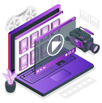 Isometric illustration of a purple laptop surrounded by multimedia icons like a camera, film strip, play button, and music notes, indicating multimedia capabilities.