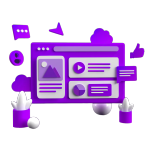 3D illustration of a purple web design interface, displaying an image, play button, chart, and speech bubbles, with surrounding icons like a like button and chat bubbles.