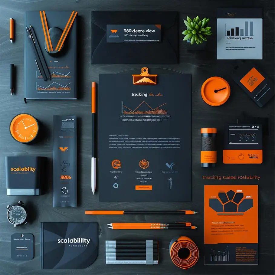 Collection of branded stationery items in orange and black color scheme, including pens, pencils, notebooks, a clipboard, a smartphone, and a smartwatch, arranged neatly on a dark surface.