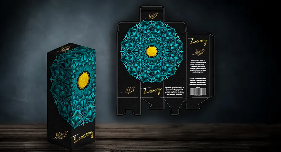 Black packaging box with a vibrant blue and yellow mandala design, shown alongside an unfolded flat layout of the same box